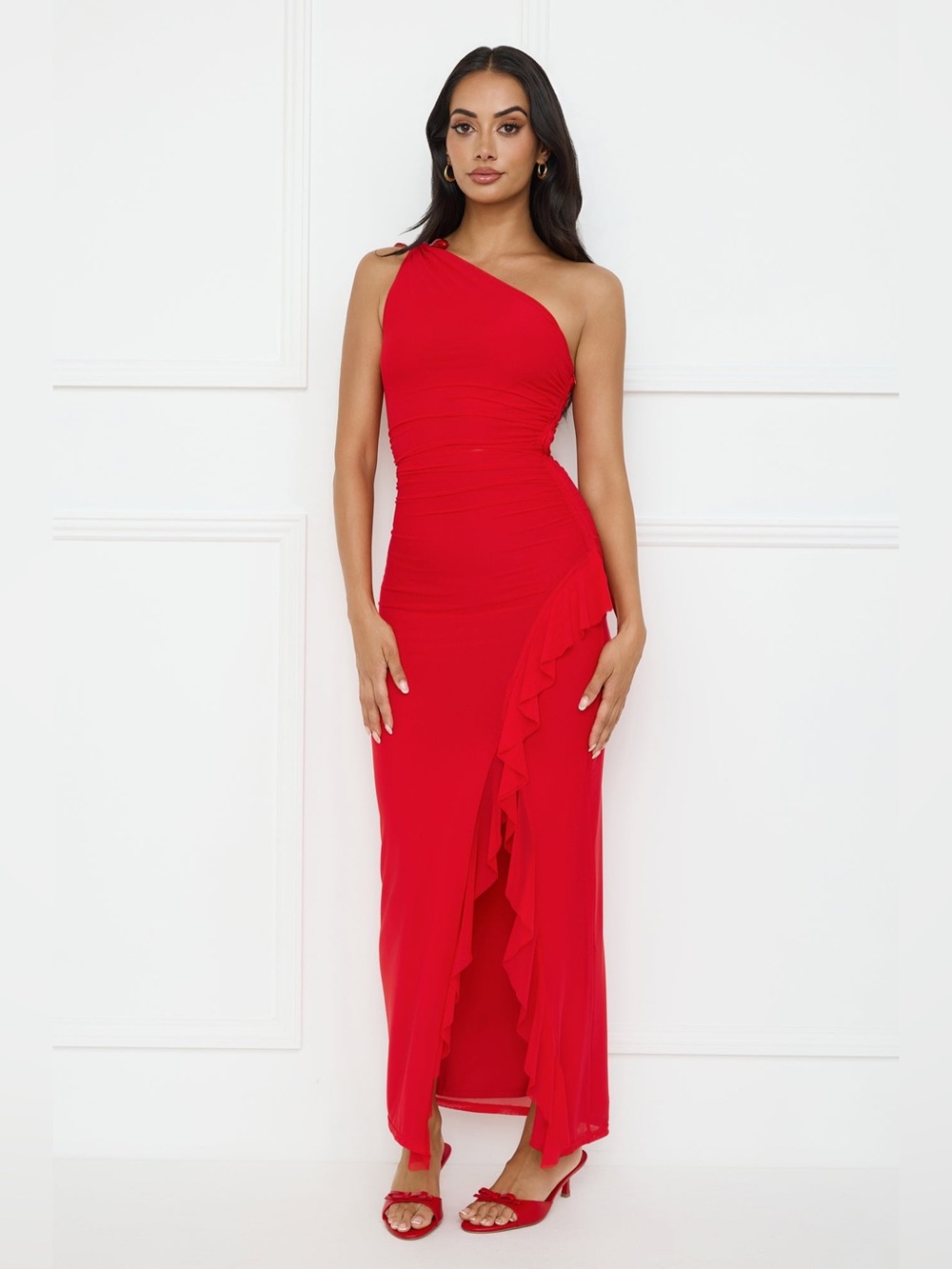 Hello Molly NEON NECTAR ONE SHOULDER MESH MAXI DRESS RED
